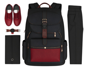 A thoughtfully arranged collection of modern men's fashion essentials, including a versatile backpack and stylish footwear.