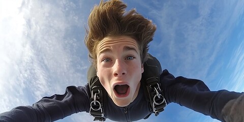 Skydiving thrill: The intense expression of a young man in freefall
