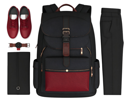 A thoughtfully arranged collection of modern men's fashion essentials, including a versatile backpack and stylish footwear.