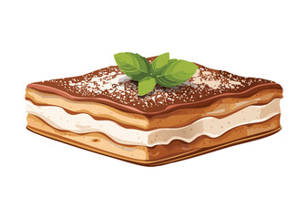 Classic Tiramisu Dessert with Mint Garnish - Vector Illustration