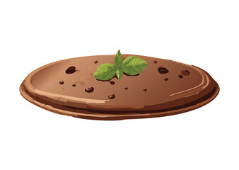 Brown Pancake Chocolate Chips Mint Garnish - Vector Illustration