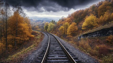 Obraz premium A winding railroad track leads through a forest of vibrant autumn foliage under a dramatic sky.