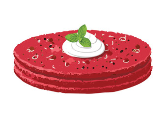 Red Velvet Pancake with White Cream Dollop - Vector Illustration