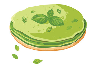 Stack of Green Flatbreads with Basil Leaves - Vector Illustration
