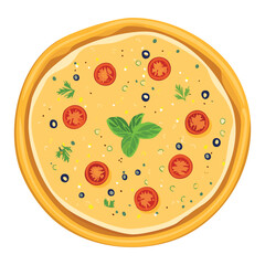 Traditional Pizza with Olives, Tomatoes, and Basil Vector Illustration
