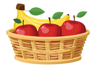 Fresh Organic Fruits in Light Woven Basket Vector Illustration