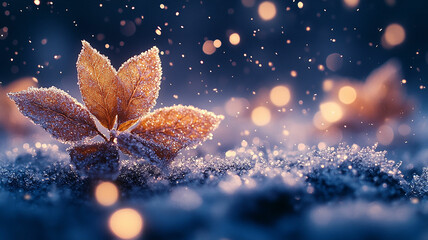 Delicate ice-covered foliage with bokeh. Dreamy, magical winter scene.