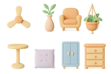 Pastel home decor icons illustration for interior design and simple composition