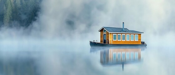 Secluded houseboat dwelling on a calm, misty lake reflecting tranquility