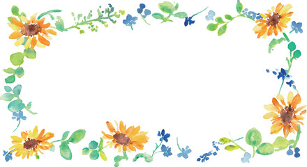 水彩画。水彩タッチの向日葵と草木の夏フレーム。ひまわりのベクターイラスト。
Watercolor painting. Summer frame of watercolor sunflowers and plants. Vector illustration of sunflowers.