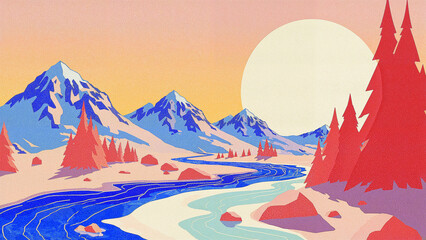 Surreal pastel landscape with snowy mountains and sun