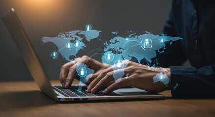 Global connectivity personified through digital network connections displayed on a world map overlaying laptop usage