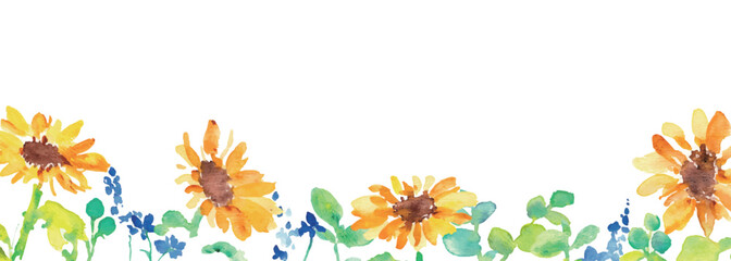 水彩画。水彩タッチの向日葵と草木の夏フレーム。ひまわりのベクターイラスト。
Watercolor painting. Summer frame of watercolor sunflowers and plants. Vector illustration of sunflowers.