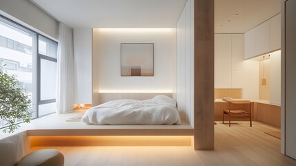 minimalist studio apartment layout, smart interior zoning, clean architecture, soft lighting