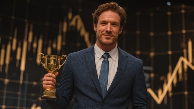 A confident young businessman in a navy blue suit proudly holding a golden trophy in front  financial chart background symbolizing success leadership and business achievement  modern corporate world