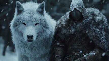 Mysterious guardian and his loyal wolf companion standing vigilant in the snow