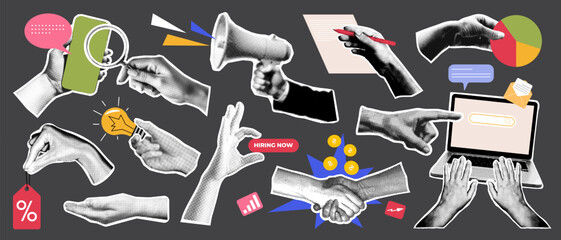 Set of y2k halftone hand with business marketing icon and photocopy grain effect. Human arm gesture comic sticker collage with torn grunge paper texture, mobile phone, money and light bulb idea symbol