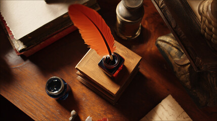A vintage wooden desk featuring a feather quill and inkwell, illuminated by soft diffused natural light.