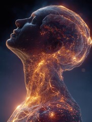 Surreal profile meditating man with an illuminated brain and vibrant neural energy, symbolizing consciousness mental clarity, neuroscience, AI and cosmic awareness. Ideal for illustrating mindfulness