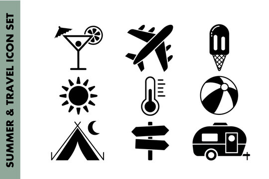 Travel and vacation icons depicting leisure and adventure essentials for global exploration needs