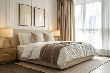 Fototapeta premium Cozy bedroom with white walls, beige curtains, wood floor, warm lamp lighting