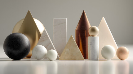 Minimalist 3D geometric shapes with matte and translucent textures on neutral background