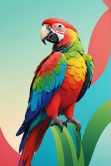 Fototapeta premium Abstract parrot with colorful wave accents, minimalist style in primary reds, greens, and blues, placed on a tropical gradient background, perched side shot