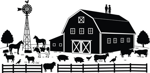 Silhouette of farm animals, barn, windmill, trees, rural landscape, farmhouse, pigs, cows, horses, chickens, ducks, countryside scene, agricultural vector illustration