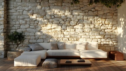 Photorealistic living area with stone wall, wooden floor, white sofa, mosaic cushions, golden afternoon light