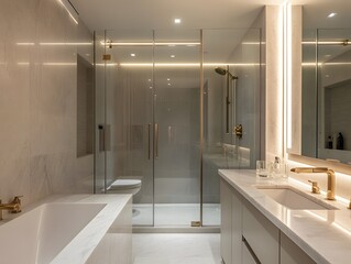 Sleek bathroom with floor-to-ceiling glass, marble tub, brass fixtures, LED strip lighting