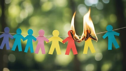 Burning Paper Chain of Colorful Figures Against a Green Background