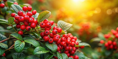 Vibrant red berries on a bush with lush green leaves and stems in a rustic forest background, woodland, outdoors, woodland, outdoors