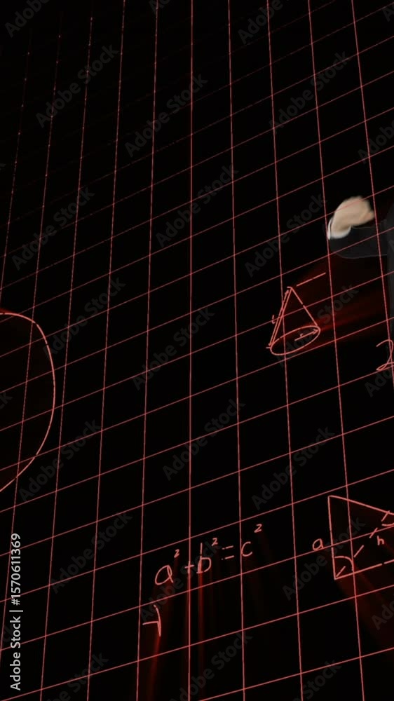 Poster animation of data processing and mathematical equations over businessman jumping with joy