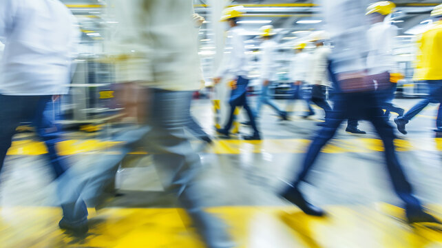 factory workers on the move, blurred figures in uniforms on the factory floor, background of an industrial Company