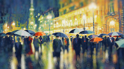 Art painting of people with colorful umbrellas in the rain in a blurry style background backdrop
