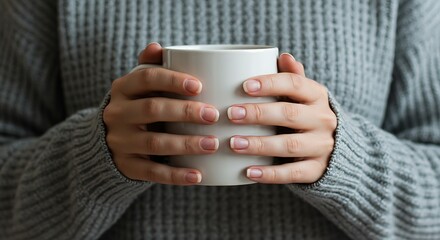 Relaxed hands around a cup, reflecting a peaceful moment and cozy ambiance.

