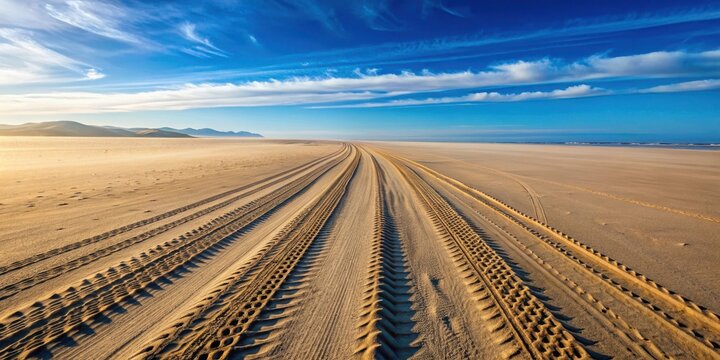 Desert landscape with tire tracks on sandy beach at low tide, beach, sand