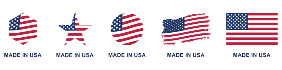 Set of made in USA symbols featuring flags, stars, and patriotic elements