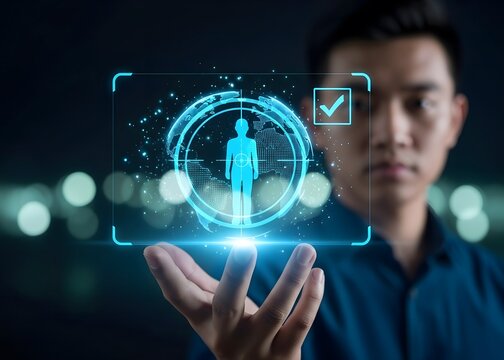 Man holding a futuristic holographic interface displaying a digital human silhouette and a verified checkmark