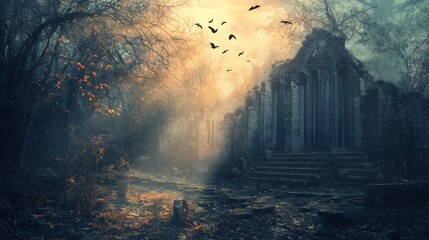 A mysterious, overgrown forest path leads to a crumbling temple in the mist, with a flock of birds flying overhead.
