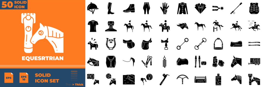 Equestrian Solid Editable Icons set. Vector illustration in modern thin solid style of equestrian icons: horse, euqatitation, stable, etc