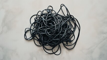 Tangled Charging Cable, Messy bundle of charging cords on neutral background - copy space 