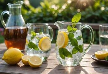Zitronenwasser mit Minze und Eiswürfel