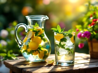 Zitronenwasser mit Minze und Eiswürfel