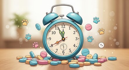 Alarm Clock with Pills for Medication Reminder and Healthcare | Illustration of Time and Medicine for Medical Advertising, Pharmaceutical Promotions and Health Awareness
