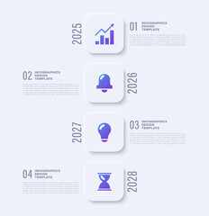 Neumorphism vertical infographic layout with icons. Four steps or processes infographic for presentation slides
