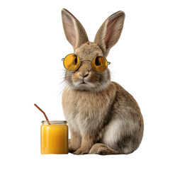 Rabbit with sunglasses and juice isolated