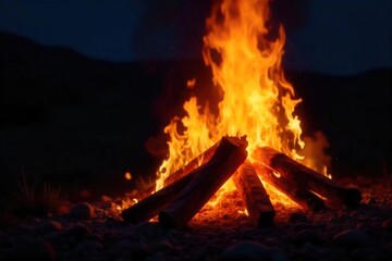 Fiery Bonfire Flames Dancing Against Night Sky Intense Abstract Image of Warmth, Energy, and Power