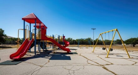 Children's Playground with Red Slide and Swing Set on Cracked Concrete | Sunny Outdoor Play Area for Recreation and Childcare Marketing