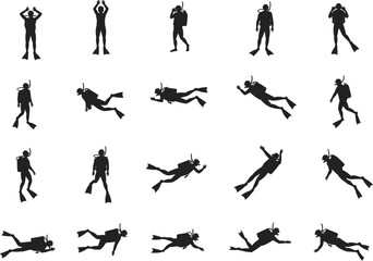 Silhouettes of scuba divers in various underwater poses, diving equipment, snorkeling gear, swimming, exploring ocean depths, adventure, marine life, aquatic sport, freedom